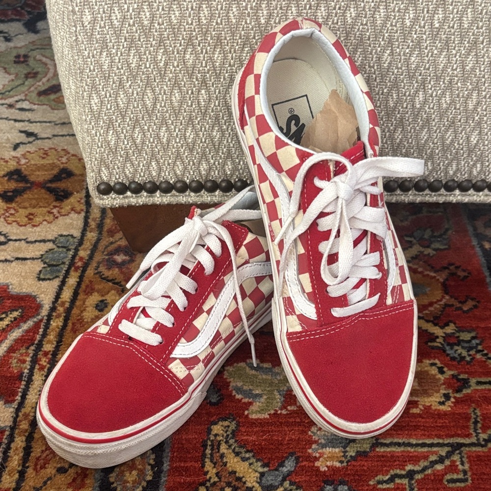 Vans Women's Red and Cream Checkered Sneakers